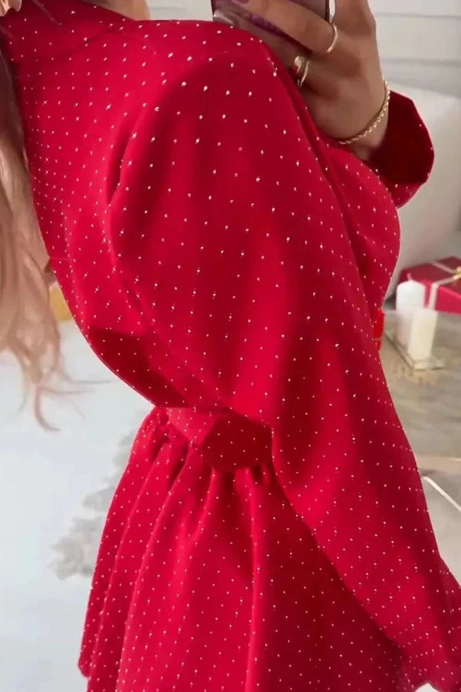 Glorol - Elegant Long Sleeve Pleated High Waist Slim Printed Mini Dress