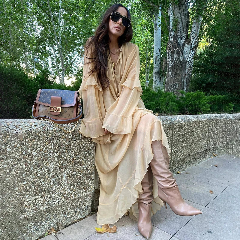 Long Sleeve V-Neck Loose Maxi Dress