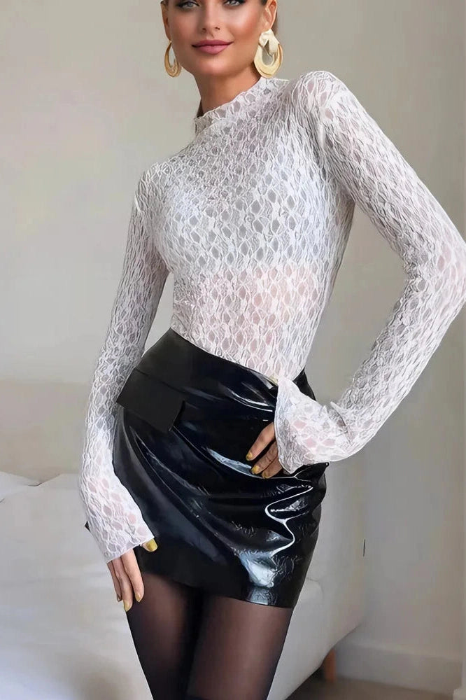 Glorol - See-Through Long Sleeve Patchwork Top