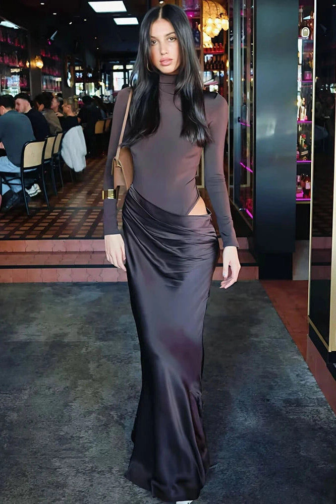 Glorol - Hollow Out Long Sleeve Turtleneck Bodycon Maxi Dress