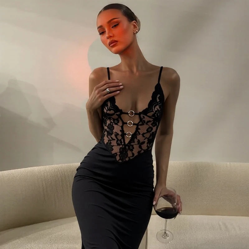 Glorol - Hollow Spaghetti Strap Lace Slim Maxi Dress