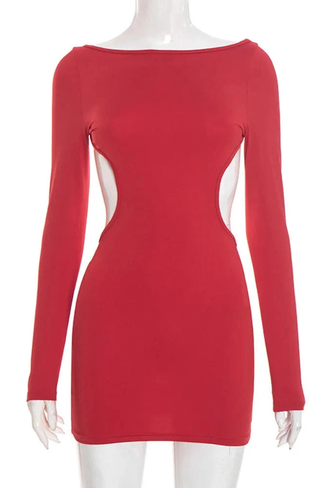 Glorol - Hollow Out Backless Long Sleeve O Neck High Waist Mini Dress