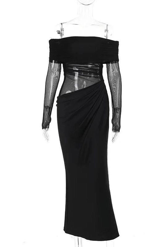 Glorol - Off-shoulder Strapless Long Sleeve See Through Maxi Dress