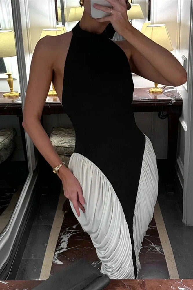 Glorol - Patchwork Backless Sleeveless Pleated Midi Dress