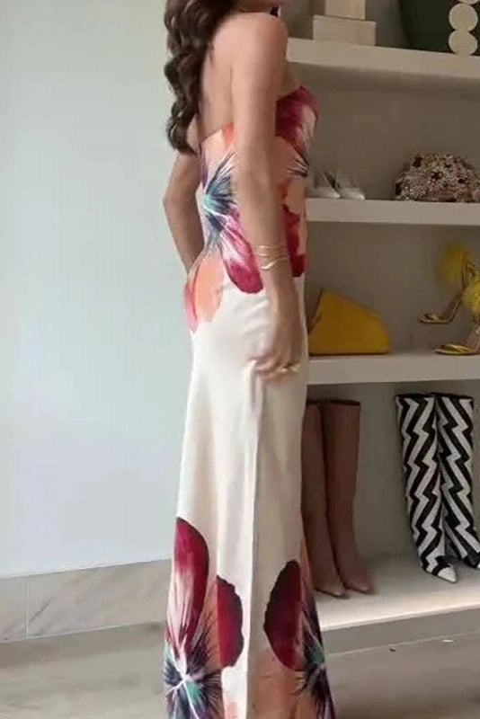 Glorol - Printed Off Shoulder Slim Backless Strapless Maxi Dress