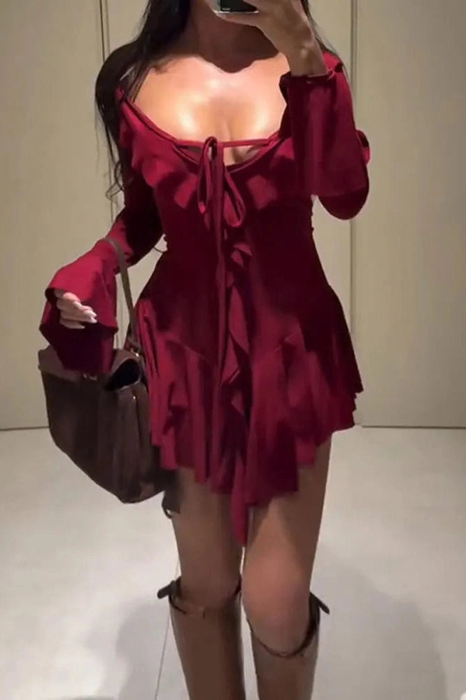 Glorol - Lace-Up V-Neck Patchwork Long Sleeve Slim Mini Dress