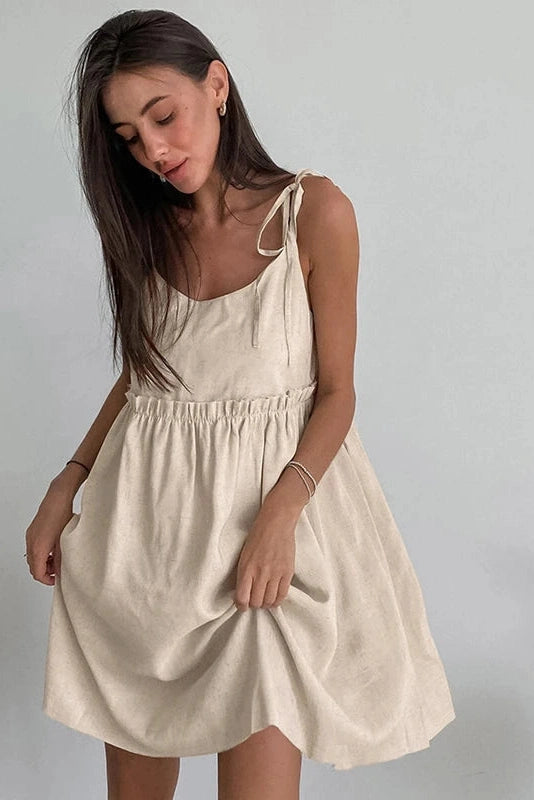 Glorol - Spaghetti Strap Loose Cotton Lace Up Mini Dress
