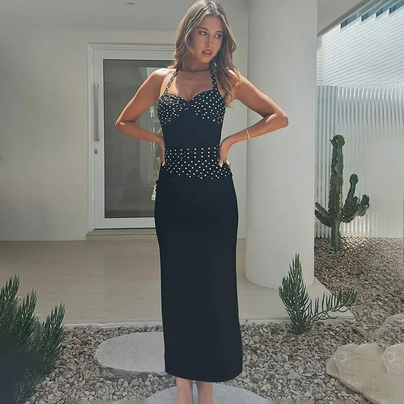 Glorol - Polka Printed Lace-Up V-Neck Patchwork Maxi Dress