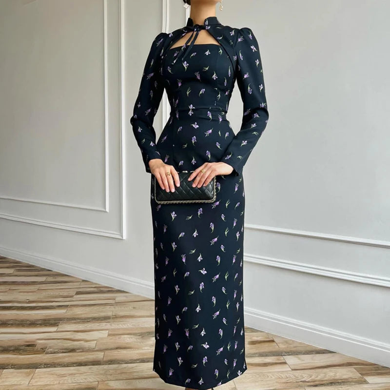Glorol - Printed Long Sleeve Lace Up Slit Maxi Dress