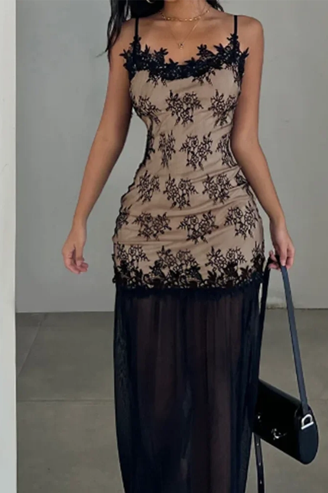 Glorol - Elegant Backless Lace Print Sleeveless Slim Maxi Dress