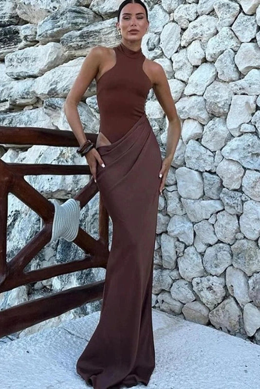 Glorol - Hollow Out Pleated O Neck Sleeveless Slim High Waist Maxi Dress