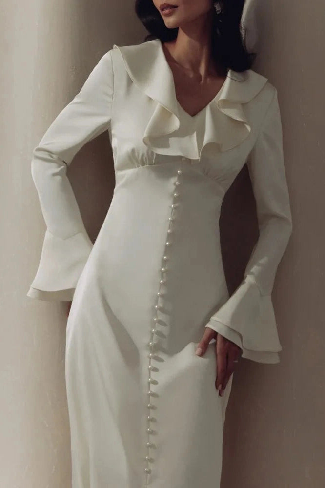 Glorol - Elegant V Neck Slim Long Sleeve High Waist Midi Dress