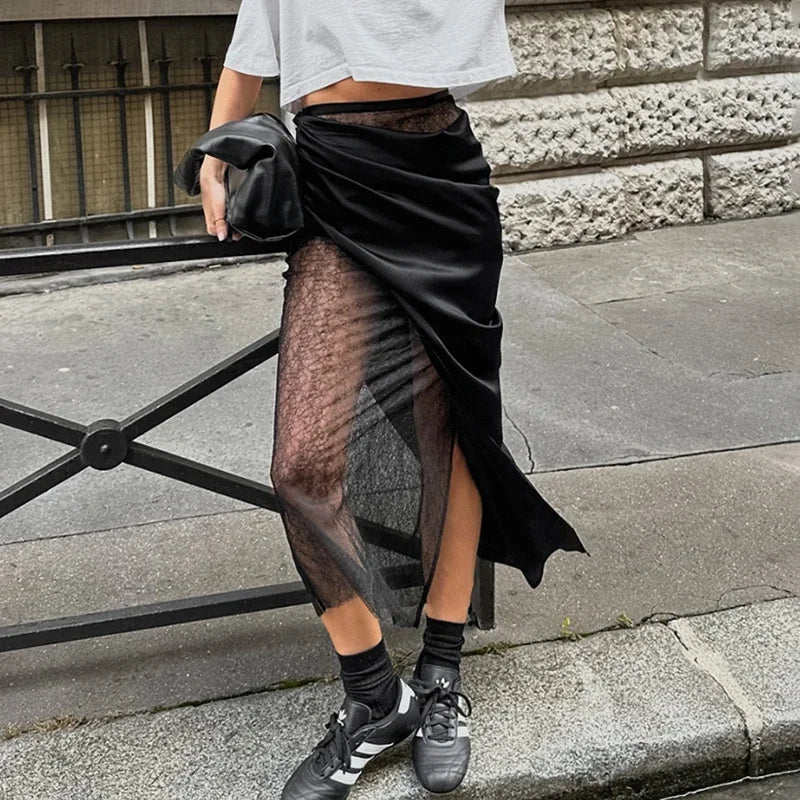 Glorol - Lace Splice See Through High Waist Skirt