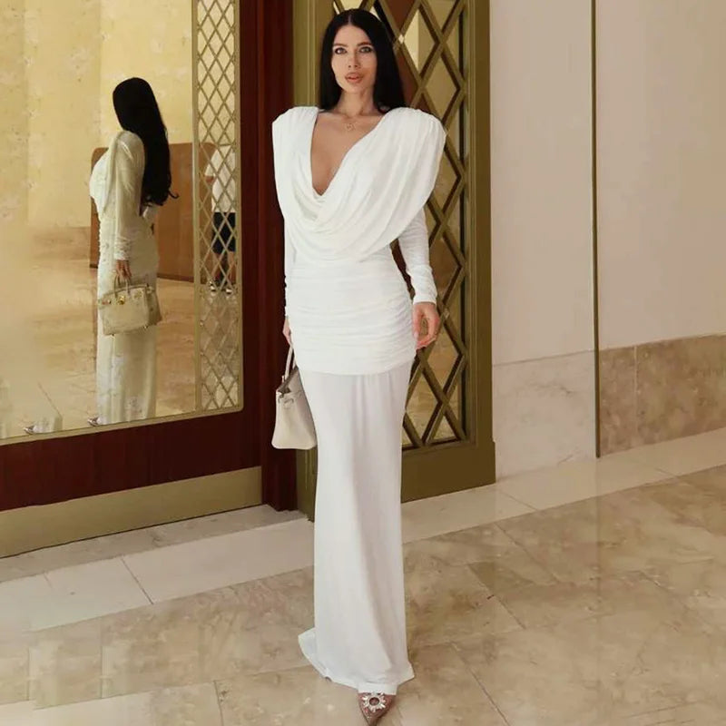 Glorol - Deep V-Neck See-Through Long Sleeve Maxi Dress