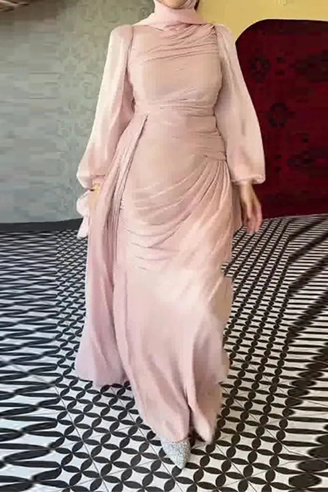Glorol - Elegant Long Sleeve High Waist Pleated Slim Maxi Dress