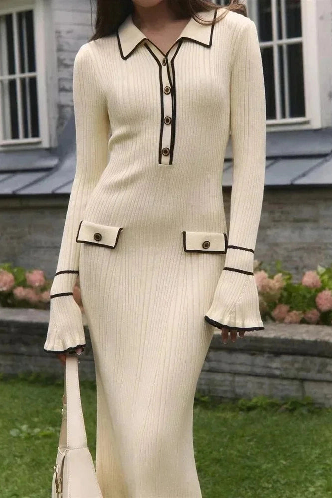 Glorol - Knitted High Waist Long Sleeve Midi Dress
