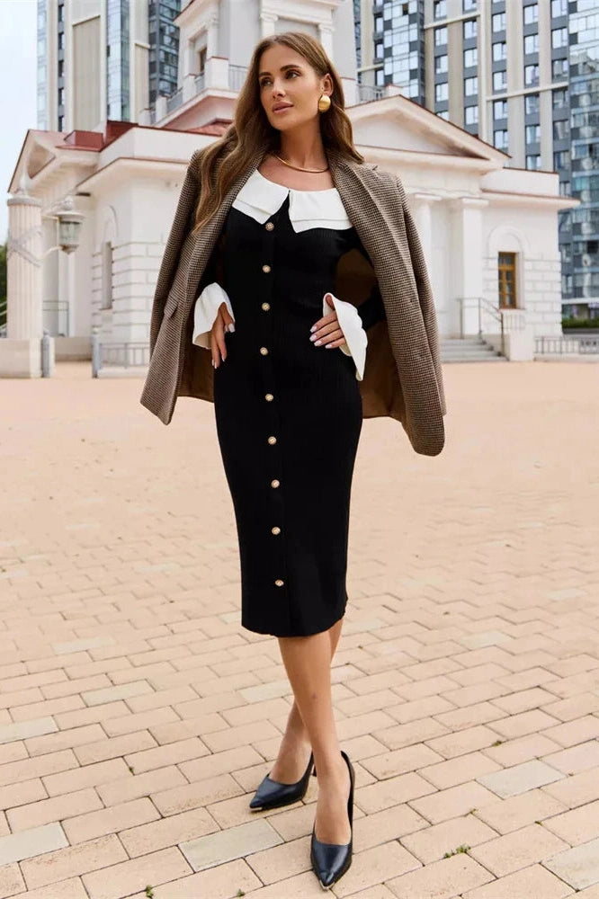 Glorol - Elegant Patchwork Slim Midi Dress