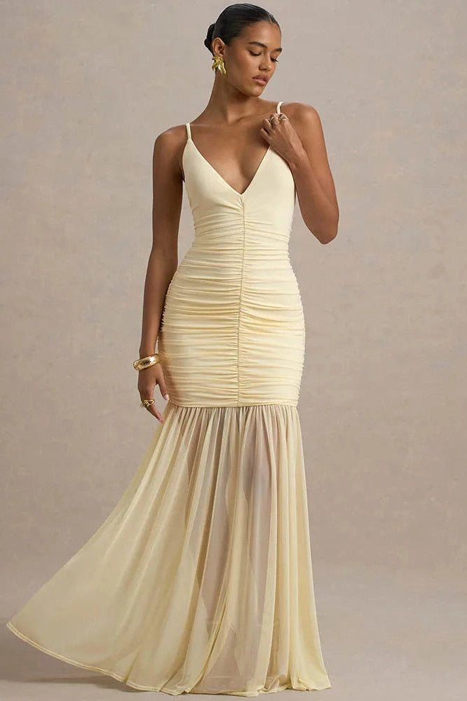 Glorol - Spaghetti Strap Backless Patchwork V Neck Pleated Maxi Dress