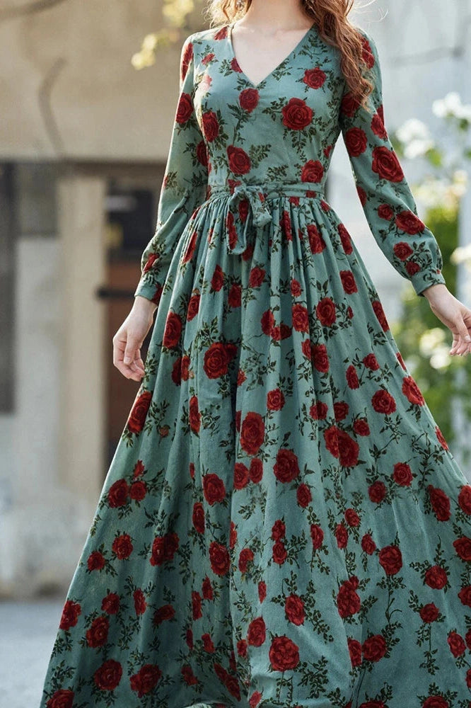 Glorol - Elegant Long Sleeve Slim Pleated V-Neck Printed Maxi Dress