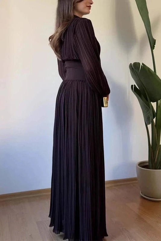 Glorol - Long Sleeve High Waist Pleated V-Neck Maxi Dress
