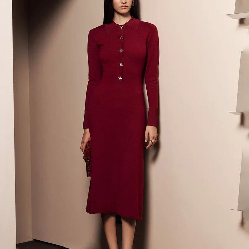 Glorol - Button Lapel Collar High Waisted Long Sleeve Midi Dress