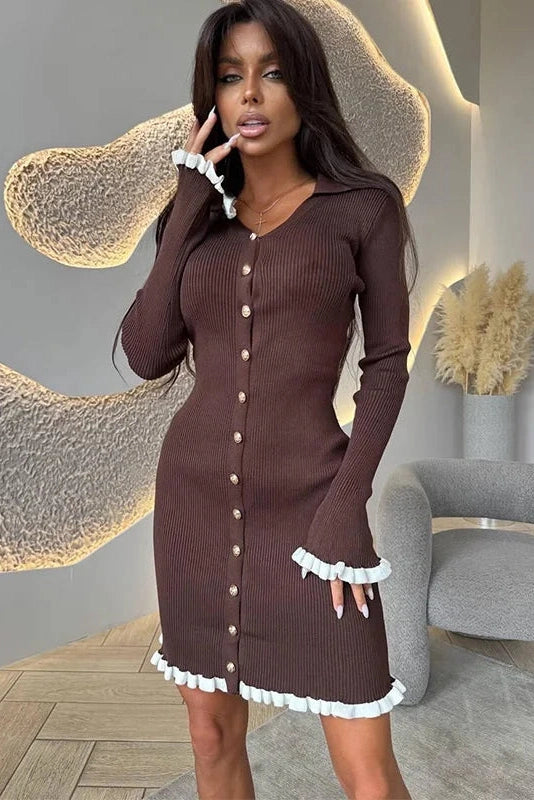 Glorol - Elegant Knitted Long Sleeve Single-Breasted Bodycon Mini Dress