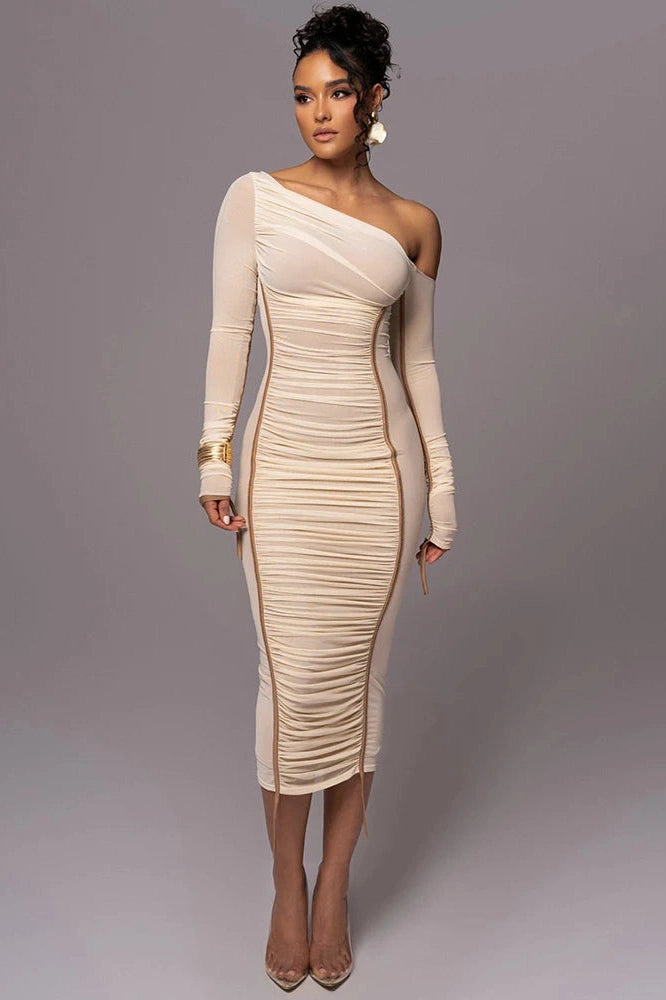 Glorol - Diagonal Collar Long Sleeve Backless Midi Dress