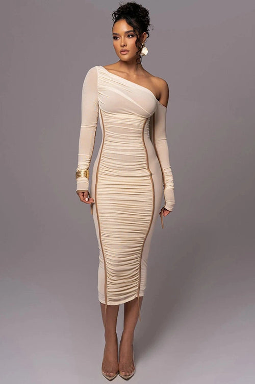 Glorol - Diagonal Collar Long Sleeve Backless Midi Dress