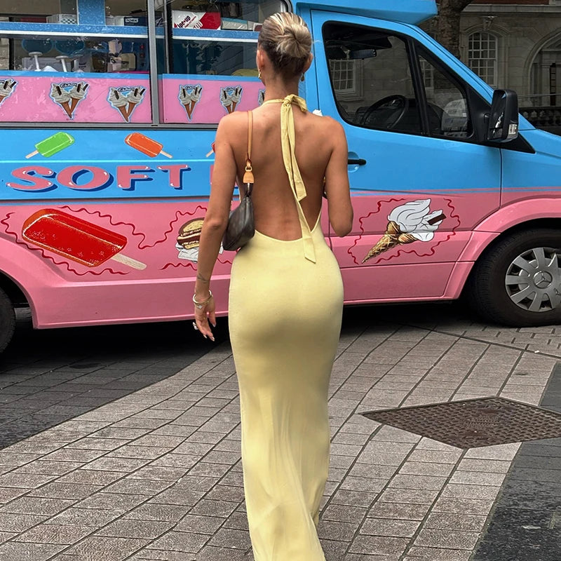 Glorol - Deep V-Neck High Waisted Backless Maxi Dress