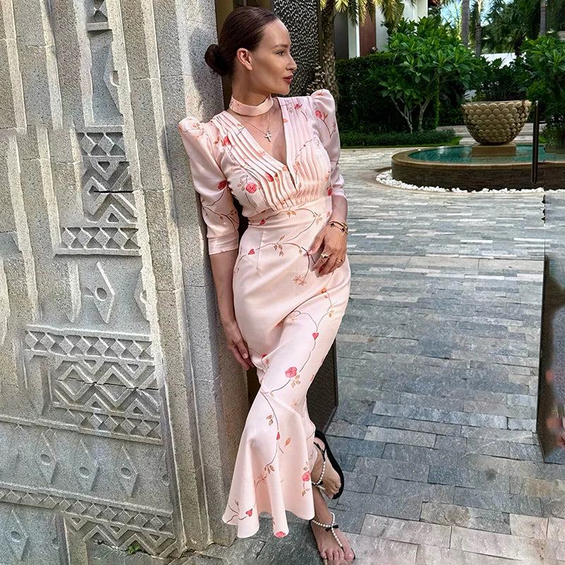 Deep V Neck Slim Long Sleeve High Waist Midi Dress