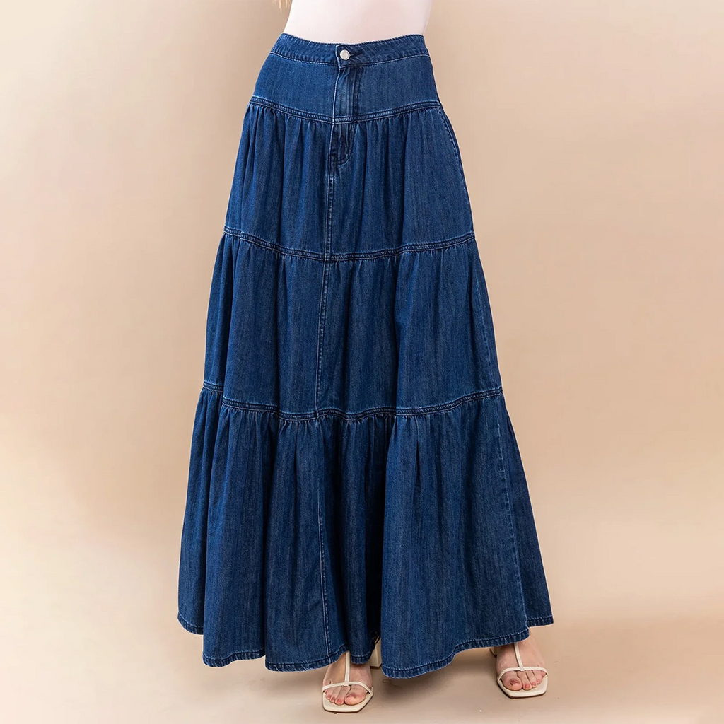 Glorol - High Waist A-Line Denim Skirt