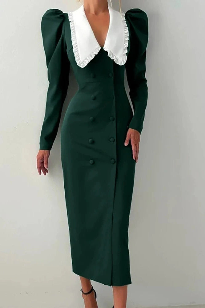 Glorol - Elegant Long Sleeve Double Breasted Midi Dress