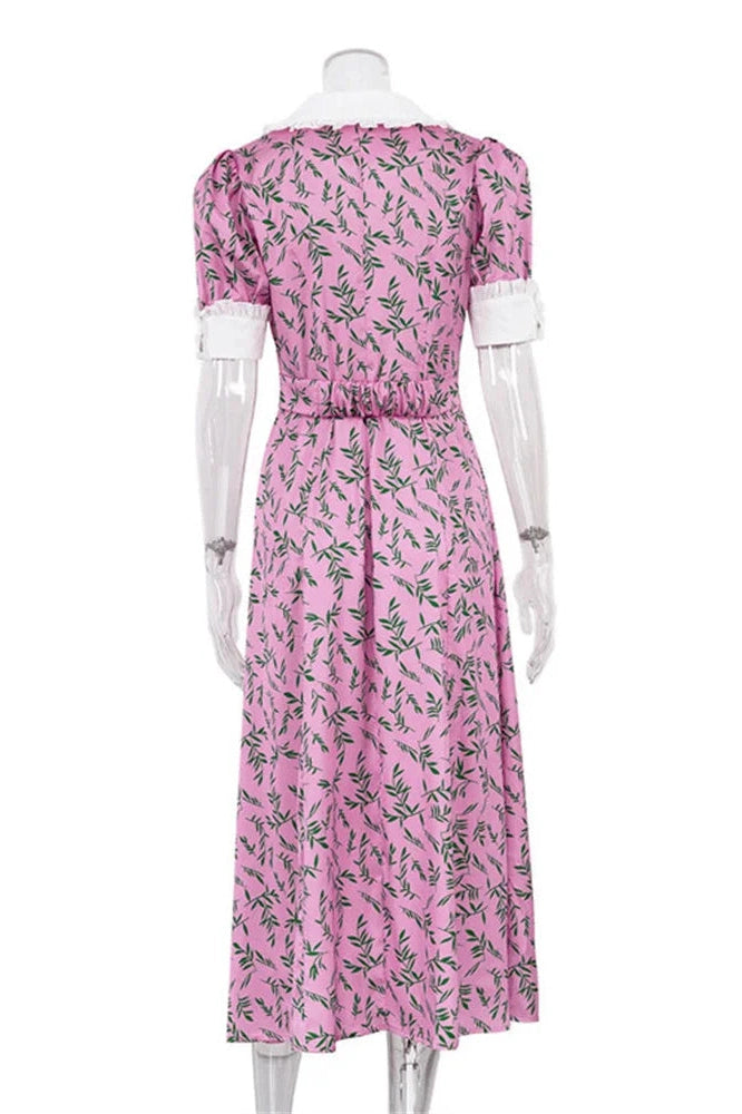 Glorol - Printed Slim Short Sleeve High Waist Midi Dress