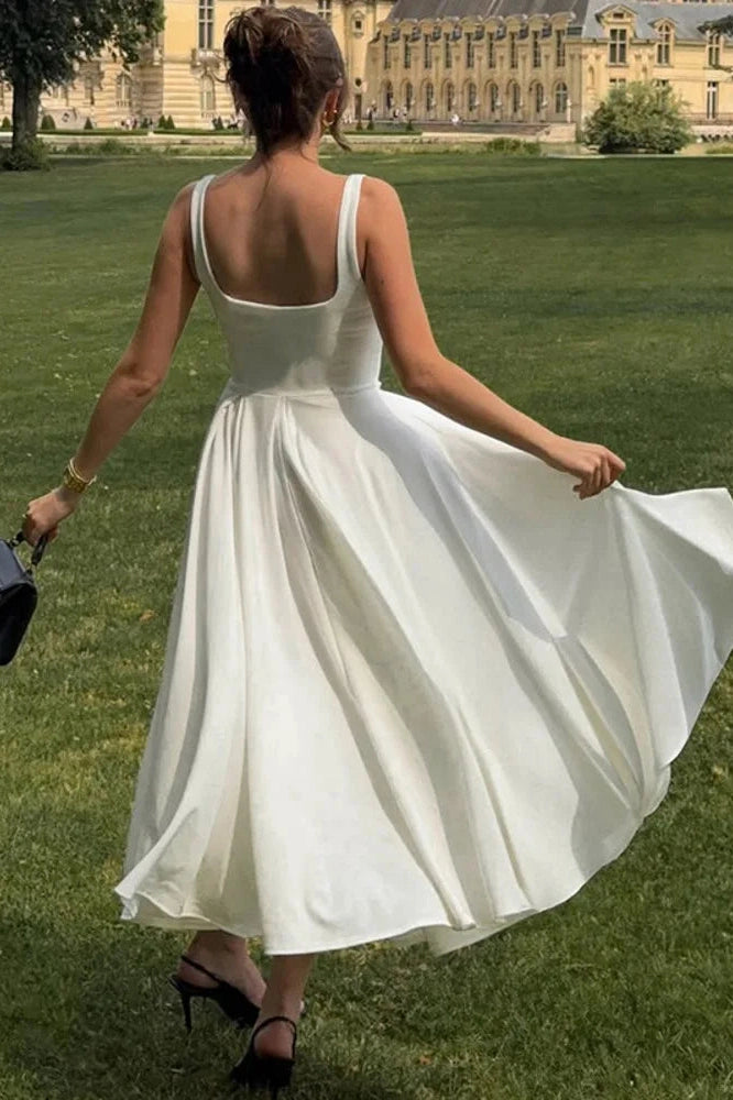 Glorol - Spaghetti Strap Backless High Waist A-line Pleated Maxi Dress