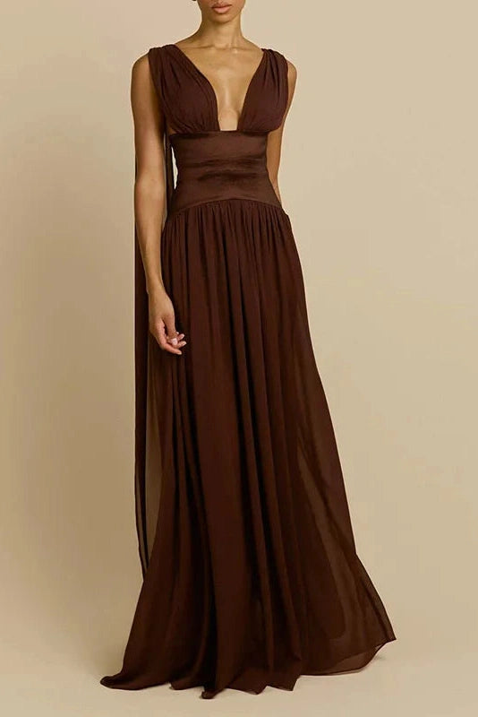 Glorol - Sleeveless V-Neck High Waist Pleated Maxi Dress