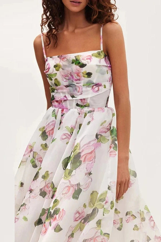 Glorol - Slash Neck Printed Sleeveless High Waist Pleated Midi Dress