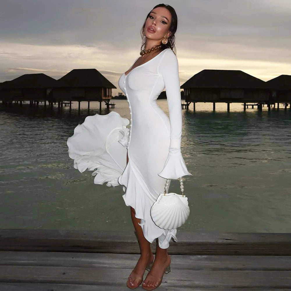 Glorol - Elegant V-Neck Patchwork Long Sleeve Split Maxi Dress