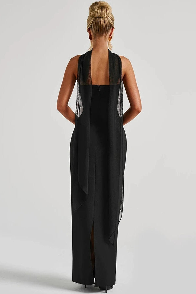 Glorol - Scarf Collar Strapless Off-Shoulder Backless Bodycon Maxi Dress