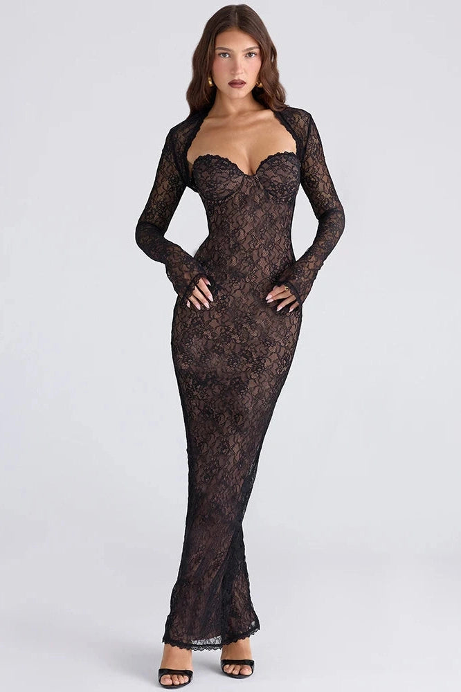 Glorol - Lace Long Sleeve Square Collar Strapless Split Bodycon Maxi Dress