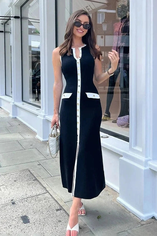 Glorol - Elegant Knitted Sleeveless Button Bodycon Midi Dress