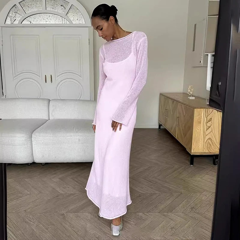 Glorol - See Through Loose Long Sleeve Knitted Maxi Dress