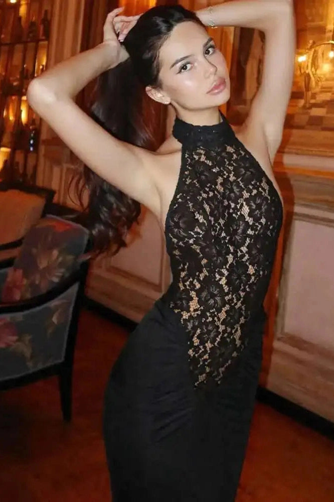 Glorol - Lace Backless Off-Shoulder Strapless Sleeveless Bodycon Maxi Dress