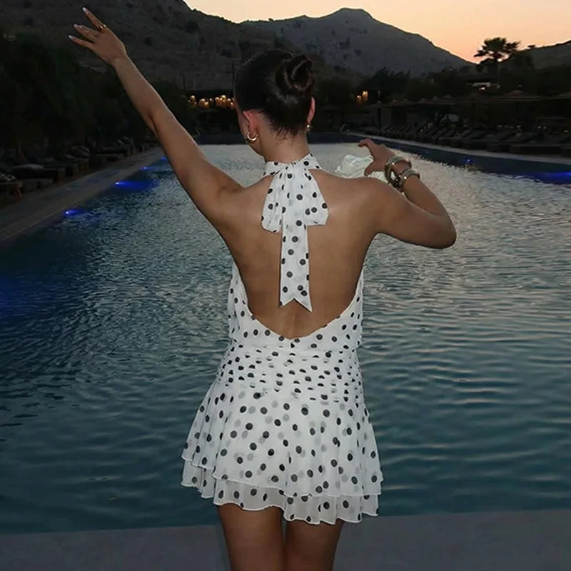 Glorol - Polka Dot Print Backless Lace Up Mini Dress