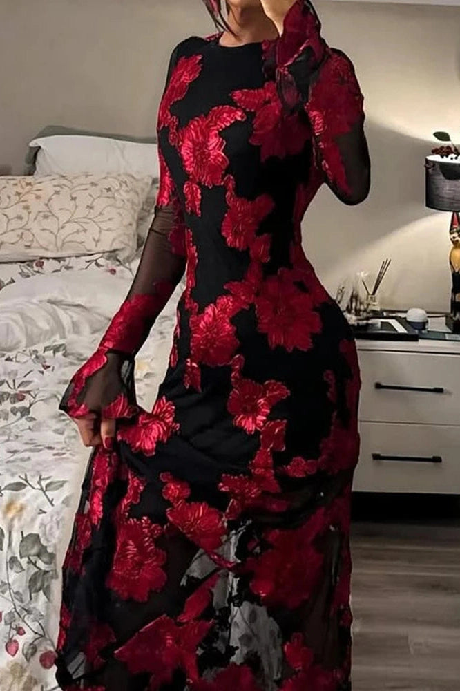 Glorol - Lace Embroidery Floral Fit See-Through Backless High Waist Maxi Dress