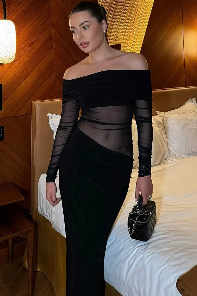 Glorol - See-Through Patchwork Off-Shoulder Long Sleeve Maxi Dress