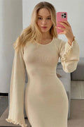 Glorol - Backless Knit Lace-Up High Waist Long Sleeve Maxi Dress