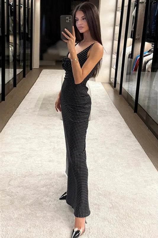 Glorol - Elegant Polka Dot Printed Slit V-Neck Bodycon Maxi Dress