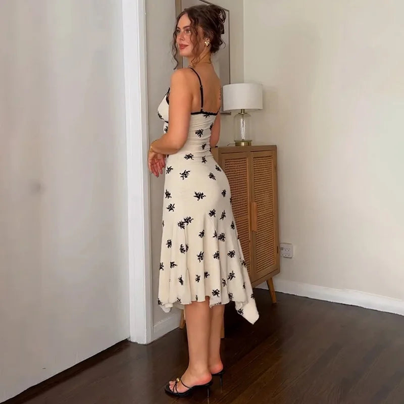 Glorol - Lace Printed V Neck Spaghetti Strap Slim Midi Dress