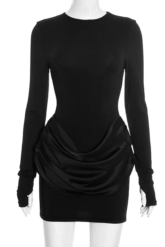 Glorol - Elegant Pleated Slim Round Neck Long Sleeve Mini Dress