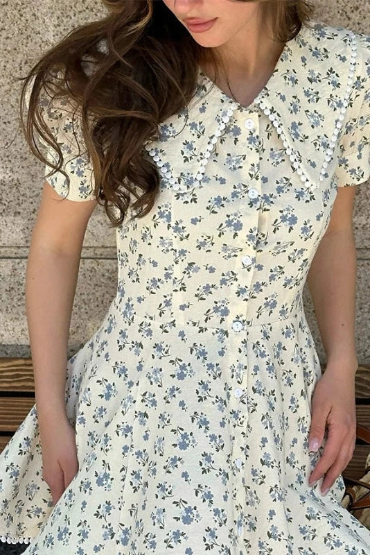 Elegant Floral Short-Sleeved Slim Single-Breasted Mini Dress